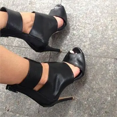 

Cutout Style Black Leather Women Peep Toe Boots Ankle Strap Ladies High Heels Female Sexy Party Shoes Fashion Dress Boots