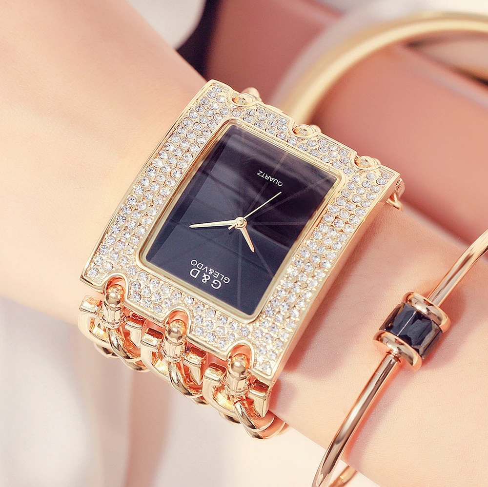 G&D GLE&VDO montre femme Luxury Rectangular Case with Rhinestones Quartz Ladies Watch Female Bracelet Wristwatch