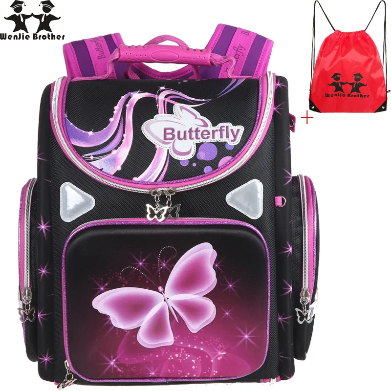 wenjie brother School Bag highquality Orthopedic Girls butterfly motorcyle Children School Bags School Backpack Mochila Infantil