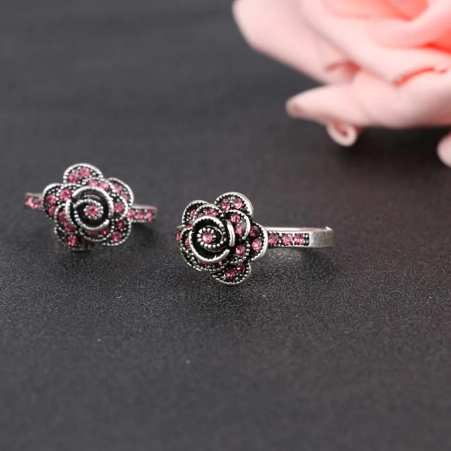 2018 New Fashion Flower Pink Crystal Ring Silver Color Love Wedding Rings For Women Vintage Jewelry Gift Wholesale Lots Bulk