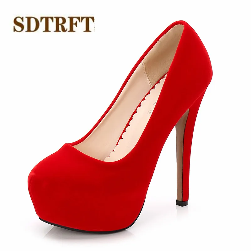 SDTRFT Plus:44 45 46 zapatos mujer 11/14cm thin high heels platform wedding Ankle Strap shoes woman sexy Lady Flock Bridal pumps