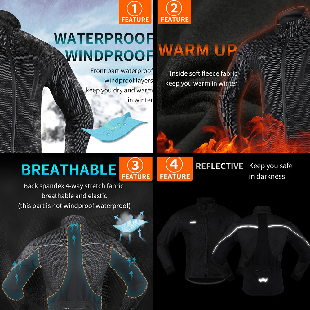 ARSUXEO Men's Thermal Cycling Jacket Winter Warm Up Fleece Bicycle Clothing Windbreak Waterproof Bike Motorcycle Raincoat 16H