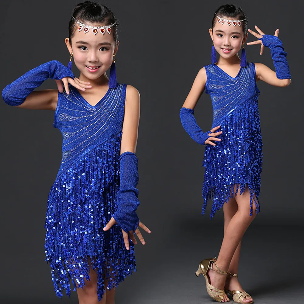 Girls' Latin Dance Dress for Satge Performance Dresses Children Competition Dancewear Party Clothes Waltz Tango Fringe Skirt