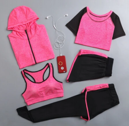 women hooded coats+t shirt+bra+shorts+pants yoga sets quick dry sportswear clothing outdoor running fitness gym tracksuits