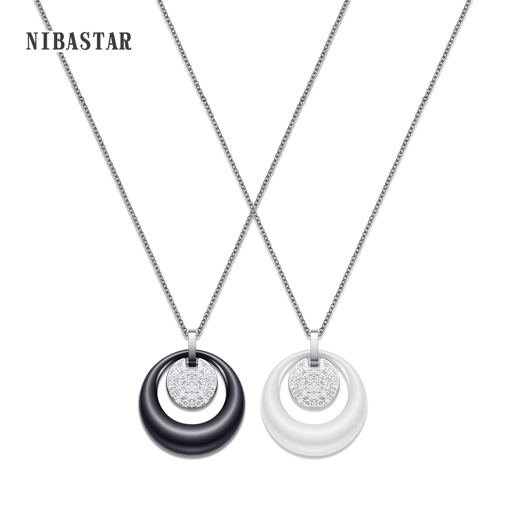 New Fashion Double Layers Circle Ceramic Pendant Necklace With AAA Cubic Zirconia Black and White Ceramic Necklace for Wedding