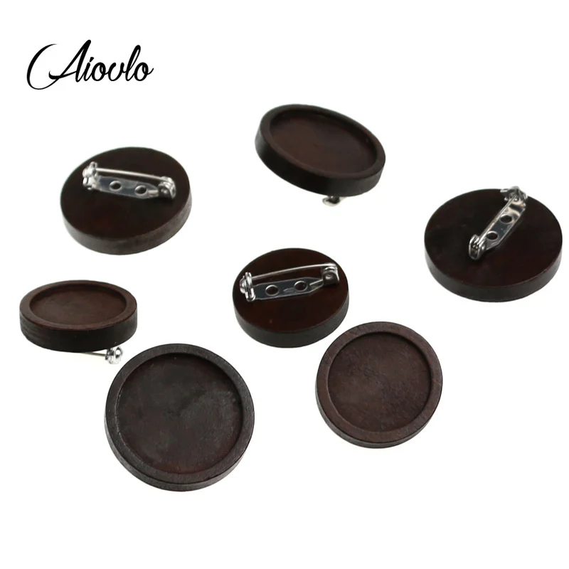 10pcs Antique Brown Blank Wood Cabochon Brooch Base Settings 20 25mm Round Bezel Tray Diy Stainless Steel Pin for Jewelry Making