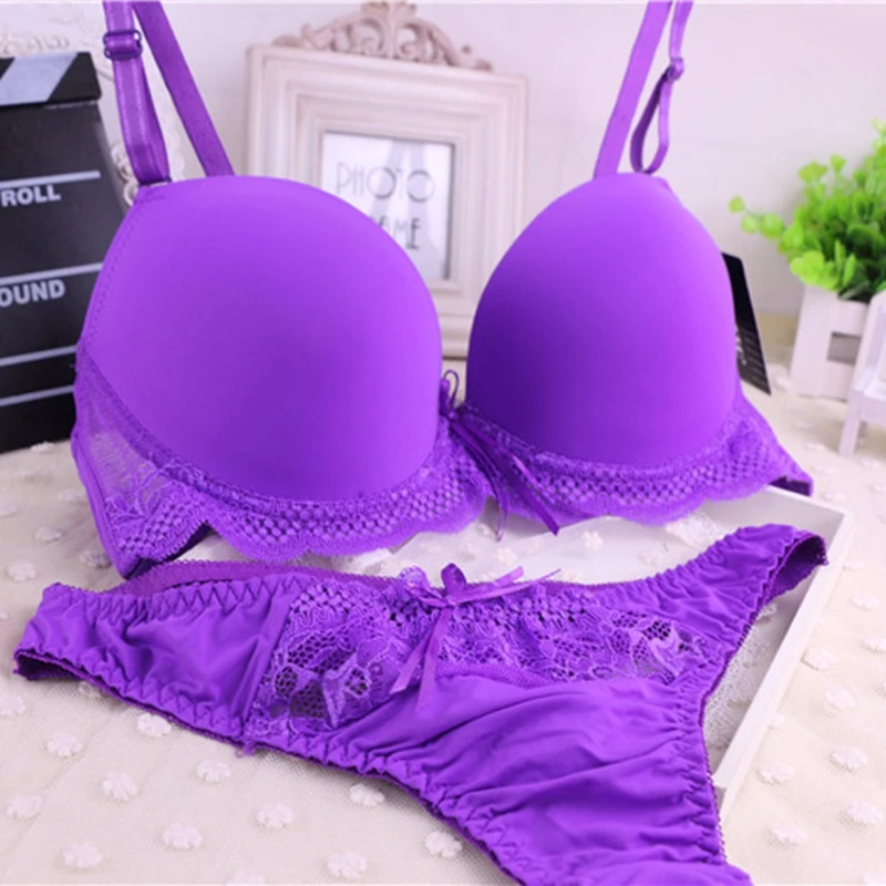 New Sexy Bra Set 3/4 Cup Push UP Cotton Polyester Bras Sets Solid Bow Decorative Underwear Lace Womens White Black Lingerie