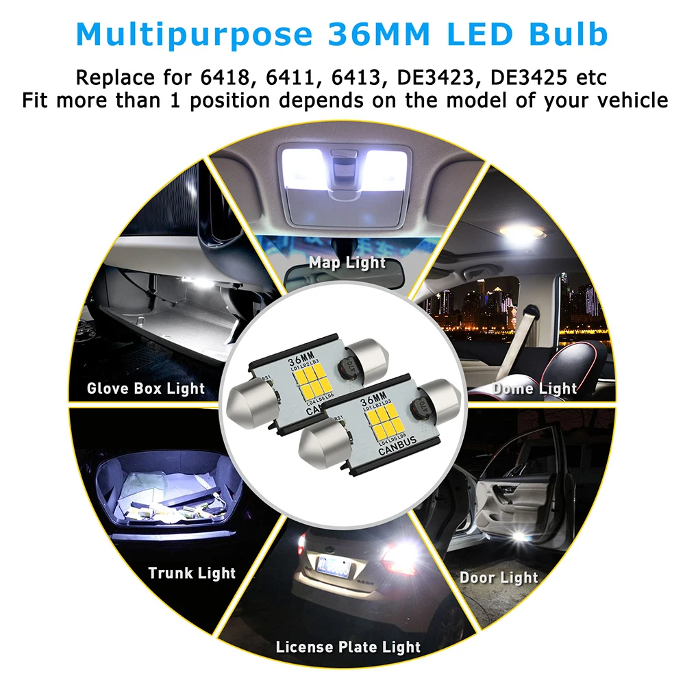 AUXITO 2x Canbus C5W LED Festoon 31mm 36mm 41mm Bulb Number License Plate Lights Car Interior Trunk Lamp 12V 6000K Xenon White