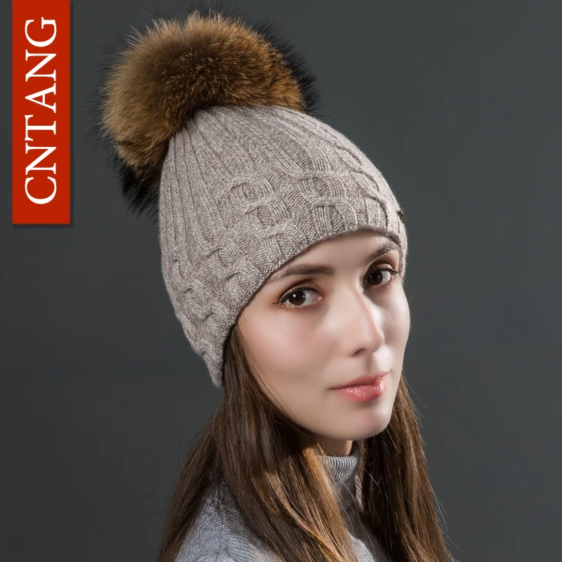 CNTANG Double Layer Women Wool Caps With Natural Raccoon Fur Pompoms Hats Winter Warm Knitted Twist Beanies Fashion Female Hat