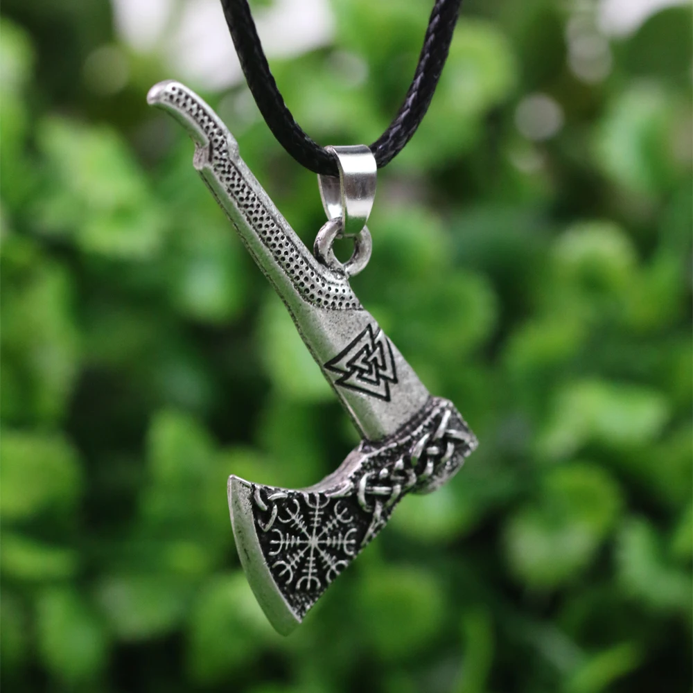 LANGHONG 10pcs Norse Viking Necklace Nordic Viking Valknut and Vegvisir Compass Axe Amulet Pendant Necklace Talisman Jewelry