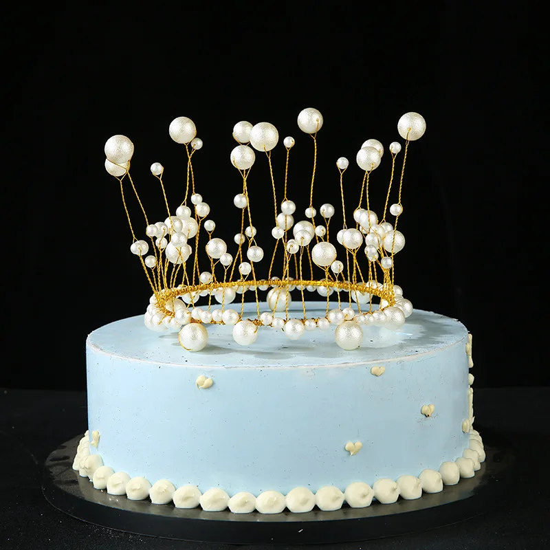 Metal Pearl Princess Crown Cake Topper Shiny Artificial Pearls Headdress Wedding&Engagement Cake Decora Birthday Topper Handmade image 3