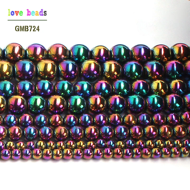 2/3/4/6/8/10mm Natural Stone Rainbow Plated Hematite Round Loose Spacer Beads For Jewelry Making DIY Bracelets Necklace 15\'\'