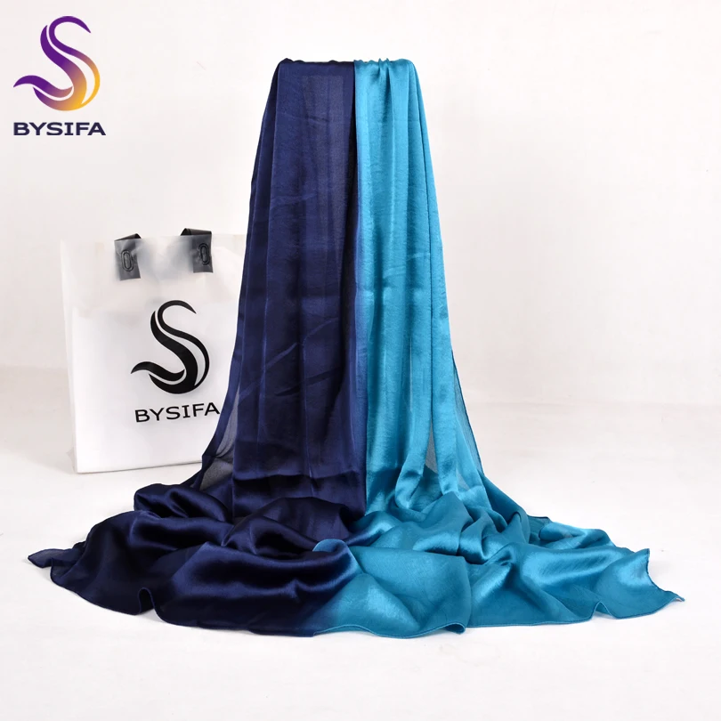 [BYSIFA] Women Blue Gradient Silk Scarf Cape Fashion Accessories Satin Long Scarves Wraps Spring Autumn Winter Muslim Head Scarf