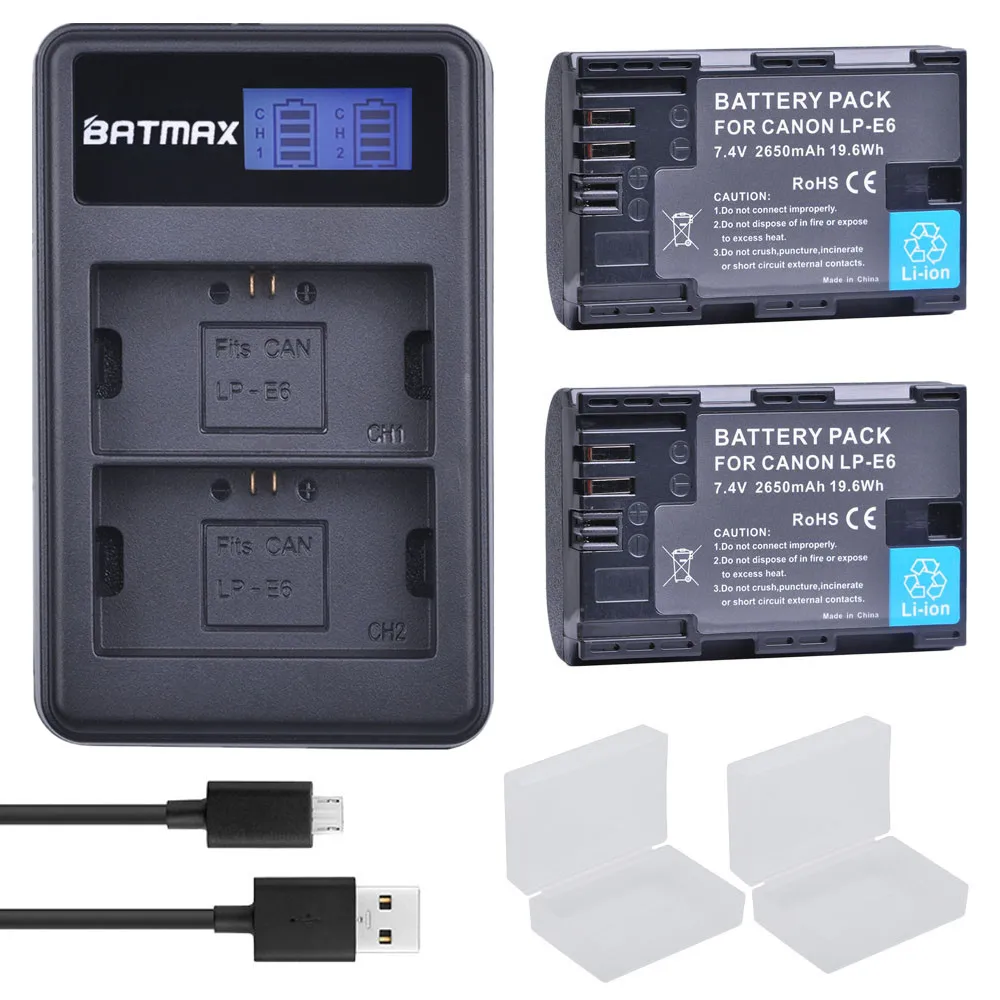 

Batmax 2650mah LP E6 LPE6 LP-E6 Battery+LCD Dual Charger for Canon EOS 5DS R 5D Mark II 5D Mark III 6D 7D 80D 90D 5DS R Camera