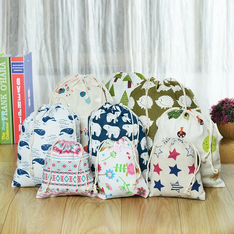 Printed cotton drawstring pockets storage bag sundry underwear travel receipt gift bags 2-2