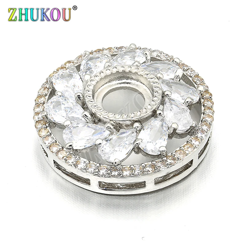 20mm Handmade Brass Cubic Zirconia Round Flower Charms Connectors DIY Jewelry Findings, Hole: 6mm, Model:VS209