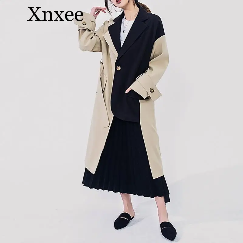 Xnxee women irregular patchwork blazer style trench coat  2019 New Mid-long Khaki Slim Belt Cloak Mujer Windbreaker