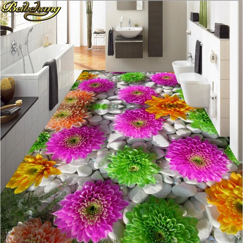 beibehang Flowers pebbles Custom Poster Wall paper 3D Bathroom flooring Sticker PVC Self-adhesive Corridor Mural Wallpaper roll