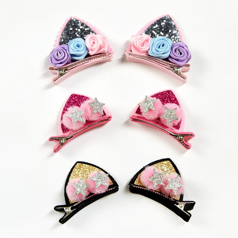 2 pz/lotto bambini del bambino delle ragazze accessori per capelli clip di Bambini forcelle barrettes Dell\'arco del fiore headwear orecchie di gatto