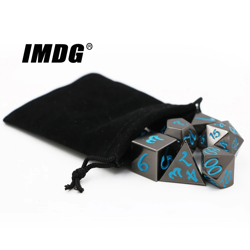 Imdg 7 Pcs/set Kreatif RPG Permainan Dadu Polyhedron Logam Dadu DND Besar Jenis Huruf Nikel Warna Biru Digital Permainan Dadu