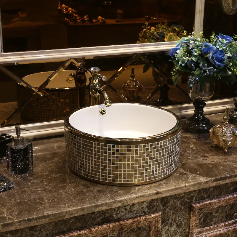 Gold mosaic Porcelain ceramic sinks for bathroom wash hand basin black color chinese counter top wash basin