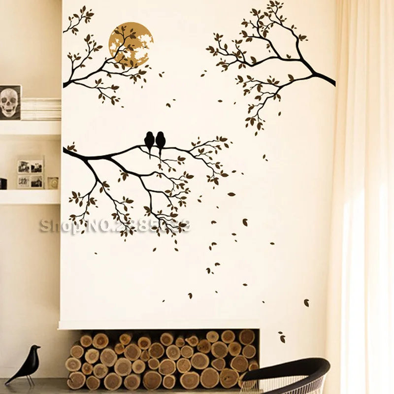 Hot Sale Stickers Midnight Romance Large Tree Branches Mural Nursery Vinyl Wall Decal Art Wall Bird Couple Moon Deciduous LC587