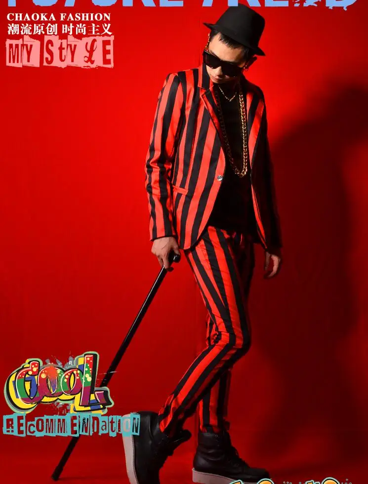 2021 New Men Casual Clothing Fashion Slim Suit Dj Red And Black Stripes Blazer Suits Plus Size Formal Dress Male Singer Costumes