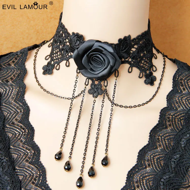 Princess gothic lolita necklace Punk Gothic Lolita, Harajuku Retro Black Lace jewelry JL-111 Necklace Tassel Necklace clavicle