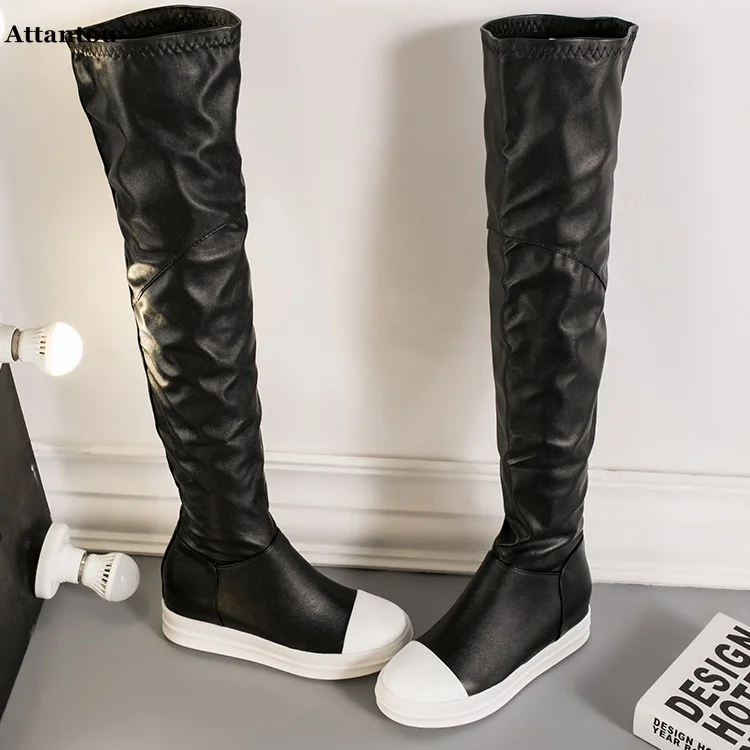 Black flat bottom elastic boots woman shoes over the knee high boots long tube high tube female boots thin sexy