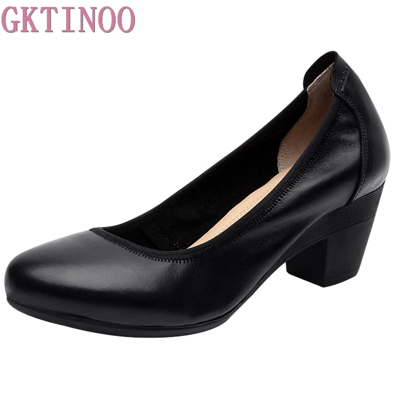 GKTINOO 2024 Leather OL Women Shoes Thick Med Heels Lady Office Work Shoes Spring Autumn Shallow Pumps Plus Size 33-43