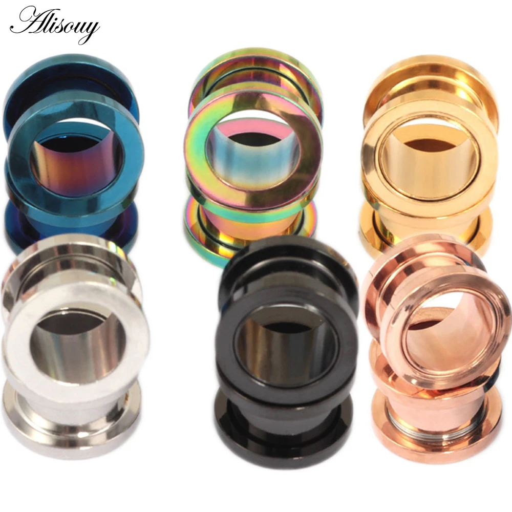 Alisouy Unisex 2PC Steel Ear Plugs Tunnel Flesh Earring Gauges Hollow Piercings Tunnels Expanders Mixed Color Body Jewelry