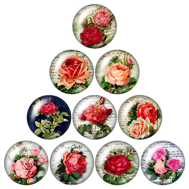 New BeautyColorful Flowerspattern10pcs mixed 12mm/16mm/18mm/25mm Round photoglass cabochondemoflat back Makingfindings