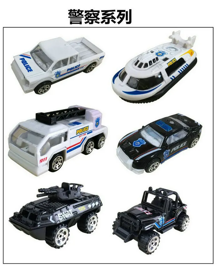 6pcs/set New boys toys gift 1:64 Mini scale models Engineering vehicles Military police plane and car miniatures Fire truck