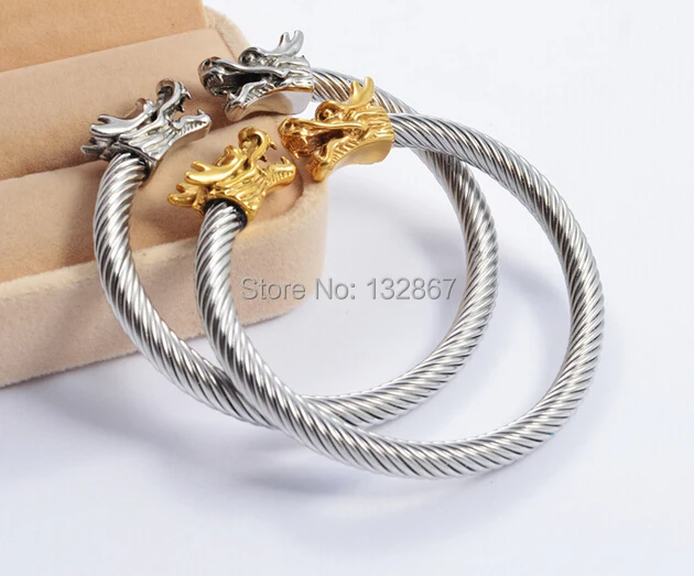 Large dragon Crafted Cable Wire Stainless Steel Weave Cuff Bangle Women