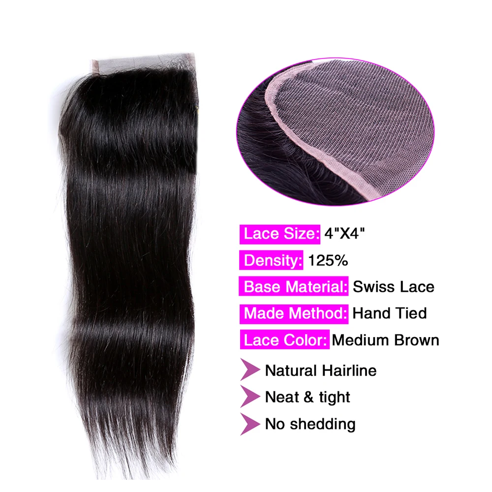 Ms Cat Hair Malaysian Straight Human Hair Bundles With 4x4 Lace Closure 4 pcs/lot Remy Hair Weave 3 Bundles Deals with Closures