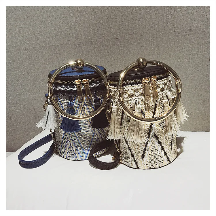 Women Bucket Bag Style Cylindrical Straw Bags Barrel-Shaped Woven Women Crossbody Bags Metal Handle Shoulder Tote Bag