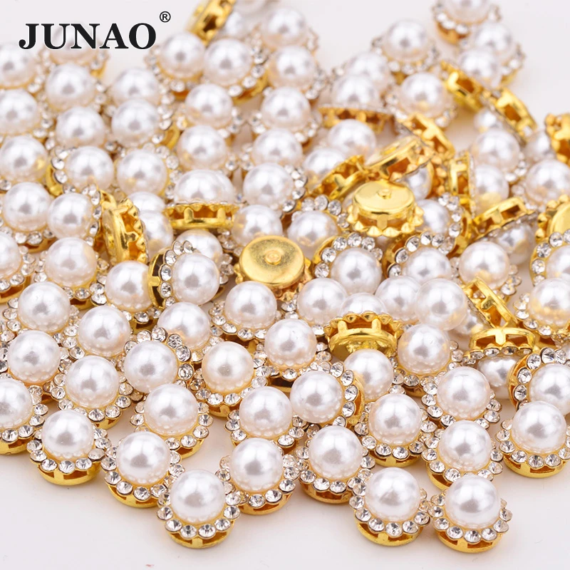 JUNAO 8 10 12 mm Sewing White Pearl Rhinestone Gold Claw Crystal Stone Sew On Round Strass Flower Applique for Dress  Jewelry