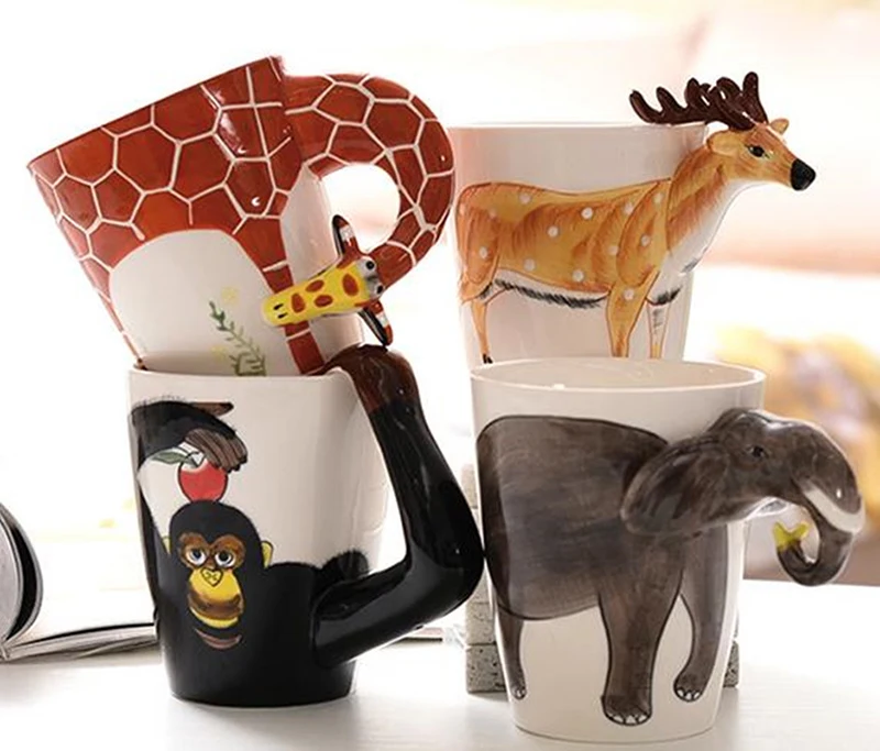 High quality Ceramic 3D Mug,coffee milk puer tea mugs 3D animal shape Hand painted animals Giraffe Cow Monkey cup gift