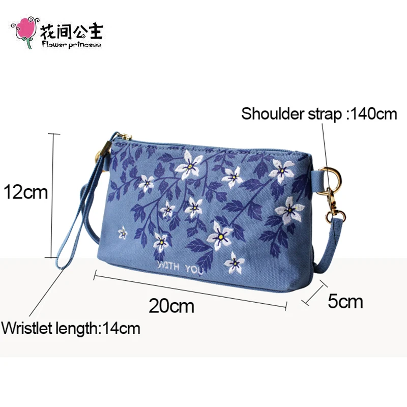 Flower Princess Embroidery Canvas Handbags Summer Women Small Messenger Girl Clutch Bag Female Shoulder Crossbody Bag Purse