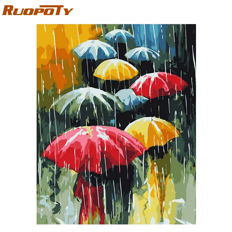 

RUOPOTY Frame Umbrella Rain DIY Oil Painting By Number Landscape Handpainted Acrylic Paint On Canvas Unique Gift For Home Decor