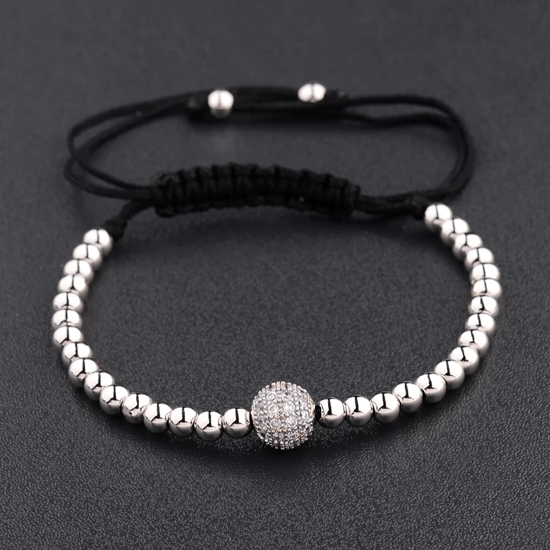 Braided Charm Men CZ Zircon Pave Copper Ball Bracelets Round 4mm Beads Gold Color Macrame Bracelets Party Gift AB1004