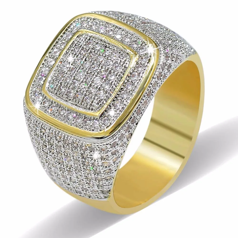 Hip Hop Rapper Rings Luxury AAA CZ Stone Gold Color Iced Out Bling Geometric Square Men Signet Ring Jewelry 7-11