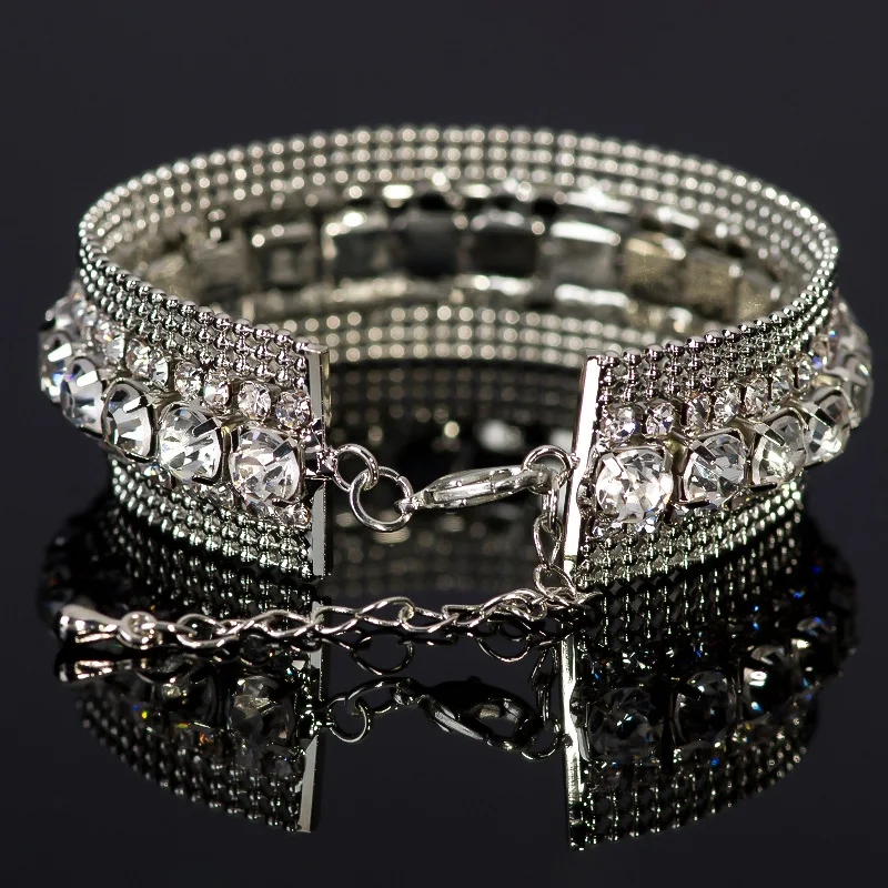 Luxury Braidal Crystal Bracelets Wide Bracelets & Bangles Pulseras Mujer For Women Silvery Wedding Jewelry