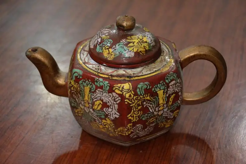 Old Chinese Handicraft Enameled YiXing Zisha (red stoneware) Teapot, gilt, with mark, Free shipping