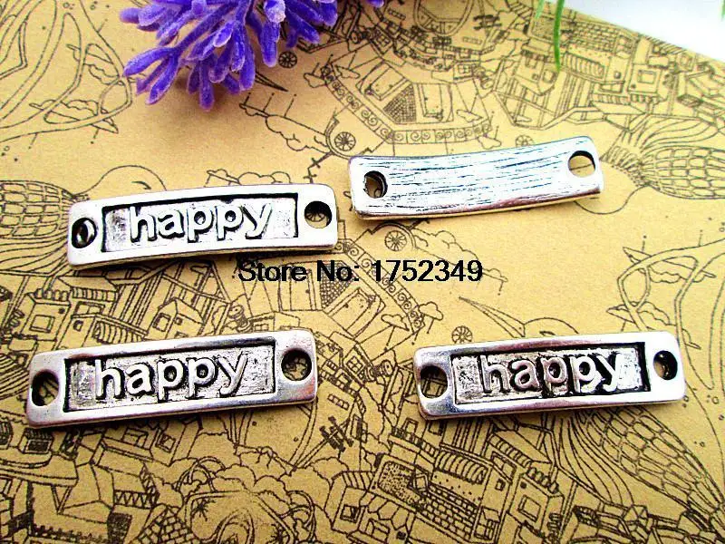 

12pcs--Happy charms, Antique silver Rectangle happy Charm pendants, Happy Tag Connector 9x34mm