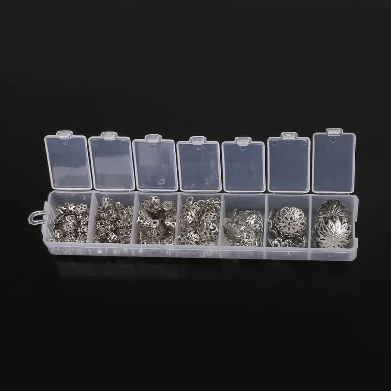 300Pcs 6-16Mm Rhodium/Vergulde Hollow Flower Bead Caps Box Sieraden Maken Kit Filigraan Cup set Diy Tassel Charms Accessoires