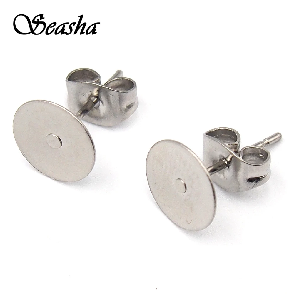 SEASHA Crafts-pendientes de Metal de acero inoxidable, postes de mariposa plana, disco en blanco, 4/5/6/8/10/12mm, para bricolaje