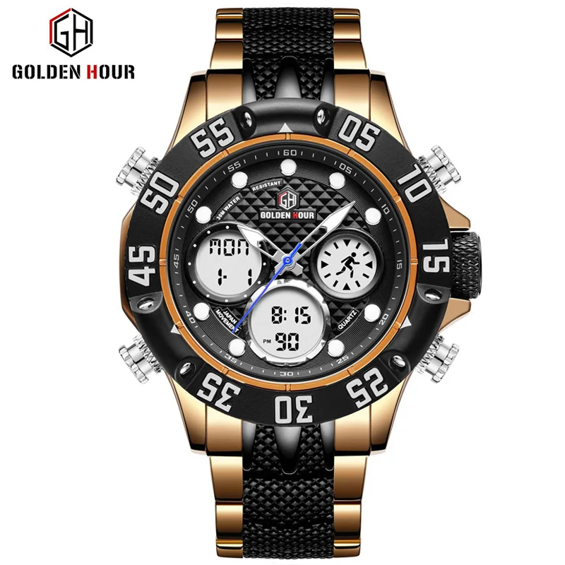 

GOLDENHOUR Top Brand Men Military Sport Watch Men LED Analog Digital Watch Army Stainless Quartz Clock Relogio Masculino gift