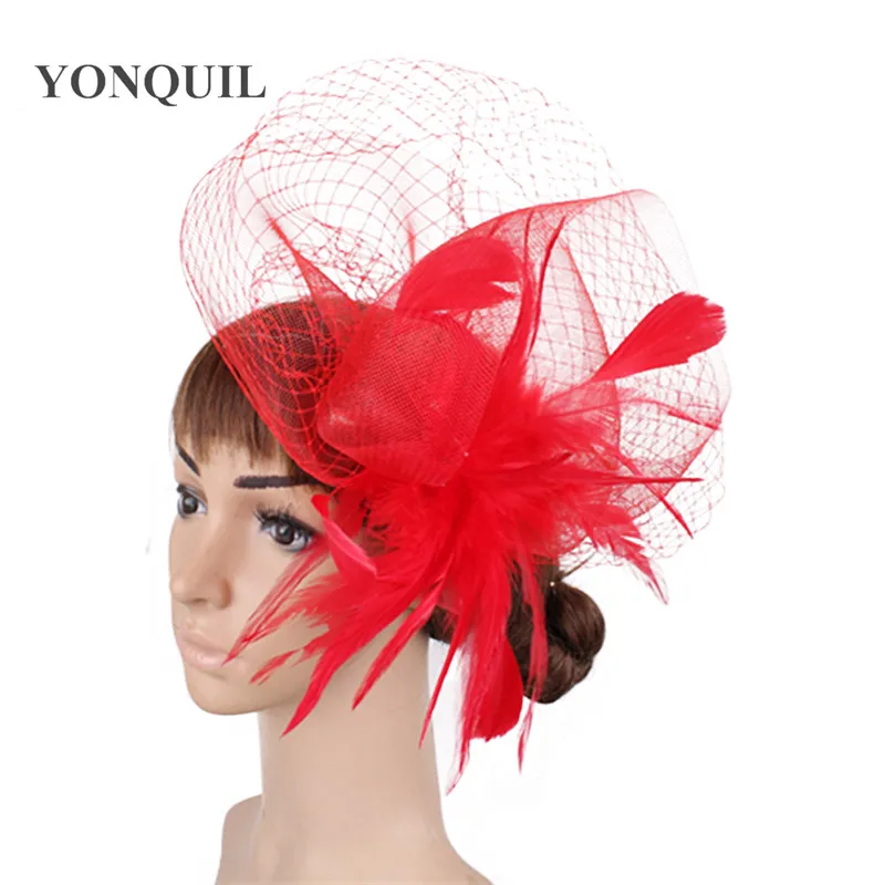 

New Red Cocktail Dinner Party Fancy Feather Charming Fascinators Hat Cap Wedding Bridal Mesh Veil Hats Vintage Sombreros Chapeau