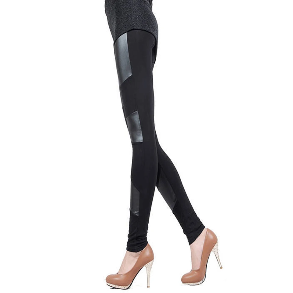 New Slim Fit Women Leggings Splicing Sexy Stretch Stripe Leggins Cotton Faux Leather Legging Pants